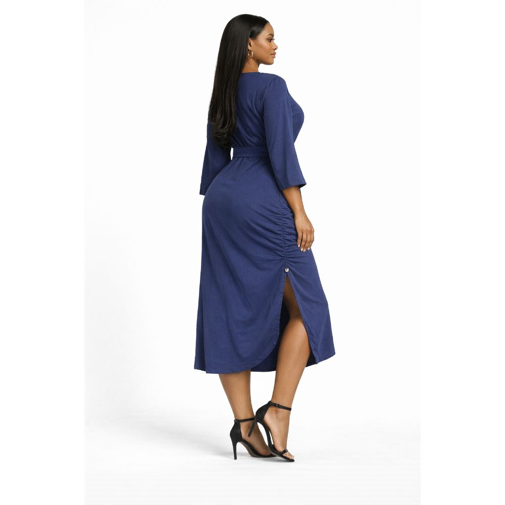 Navy Blue Flare Dress with Contrast Panel and Waist Belt